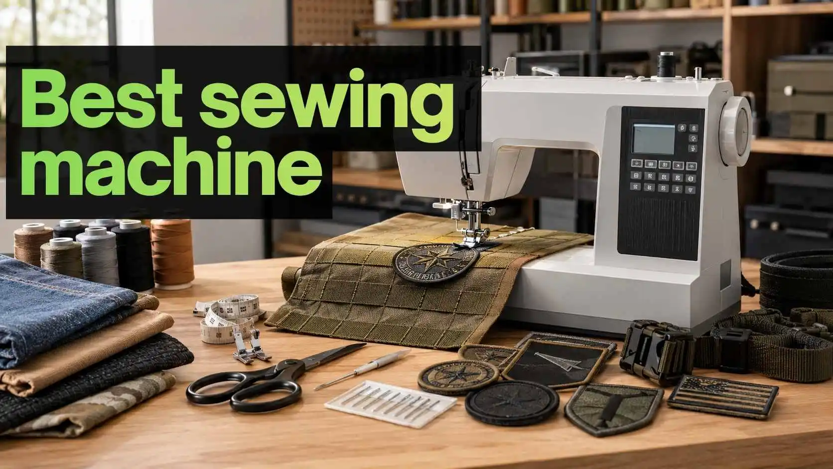 Best sewing machine featured in a modern sewing studio stitching an embroidered patch onto tactical fabric with thread spools, sewing tools, denim, canvas, and heavy-duty sewing accessories.